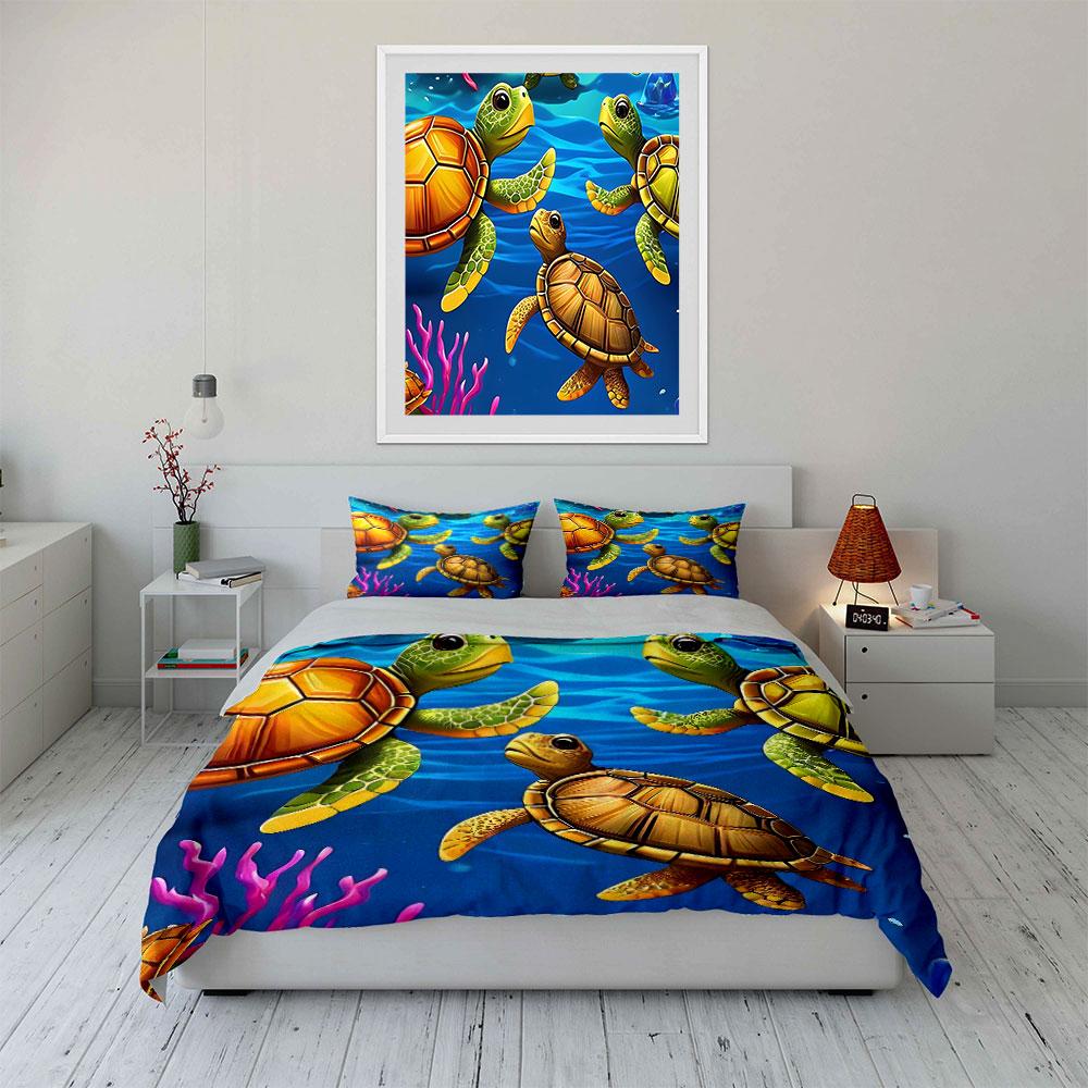 Colorful Sea Turtle Pattern Bedding Duvet Cover Set Duvet Cover Pillowcases (1*Duvet Cover 2*Pillowcases, Without Duvet Insert)