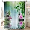 Zen Shower Curtain Green Leaf Floral Purple Flower Butterfly Lotus Black Stone Japanese Garden Relax Meditate Spring Nature