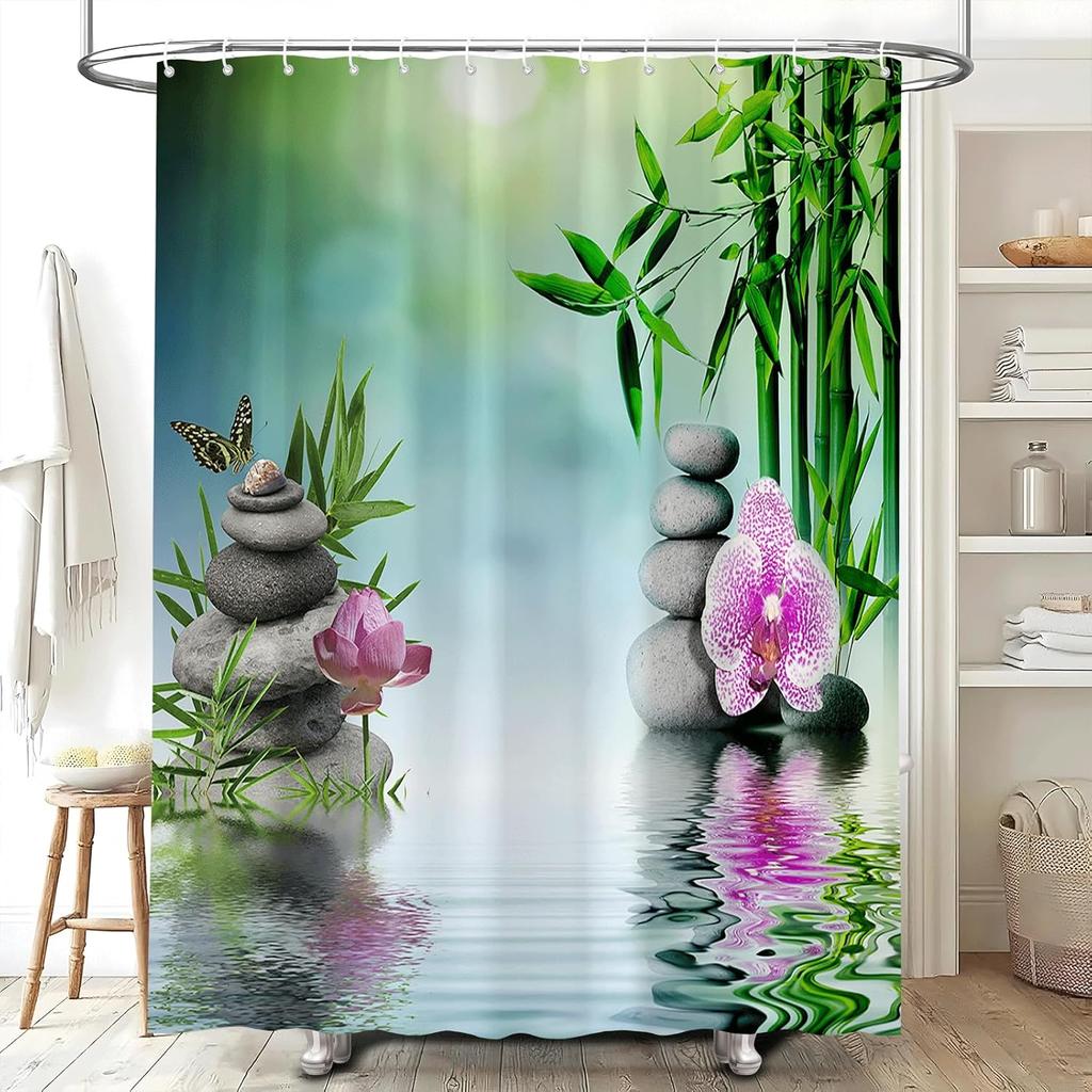 Zen Shower Curtain Green Leaf Floral Purple Flower Butterfly Lotus Black Stone Japanese Garden Relax Meditate Spring Nature