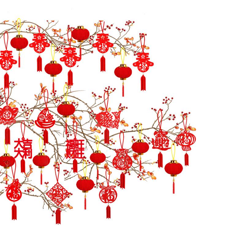 20Pcs/Pack Festival Party Decor Scene Layout Supplies Red Lanterns Mini Flocking Chinese New Year Bonsai DIY New Year Pendant