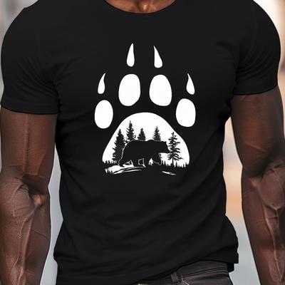 Bear Paw Print Graphic Tee Men Summer Casual Forest Scene Short Sleeve Cotton T-Shirt