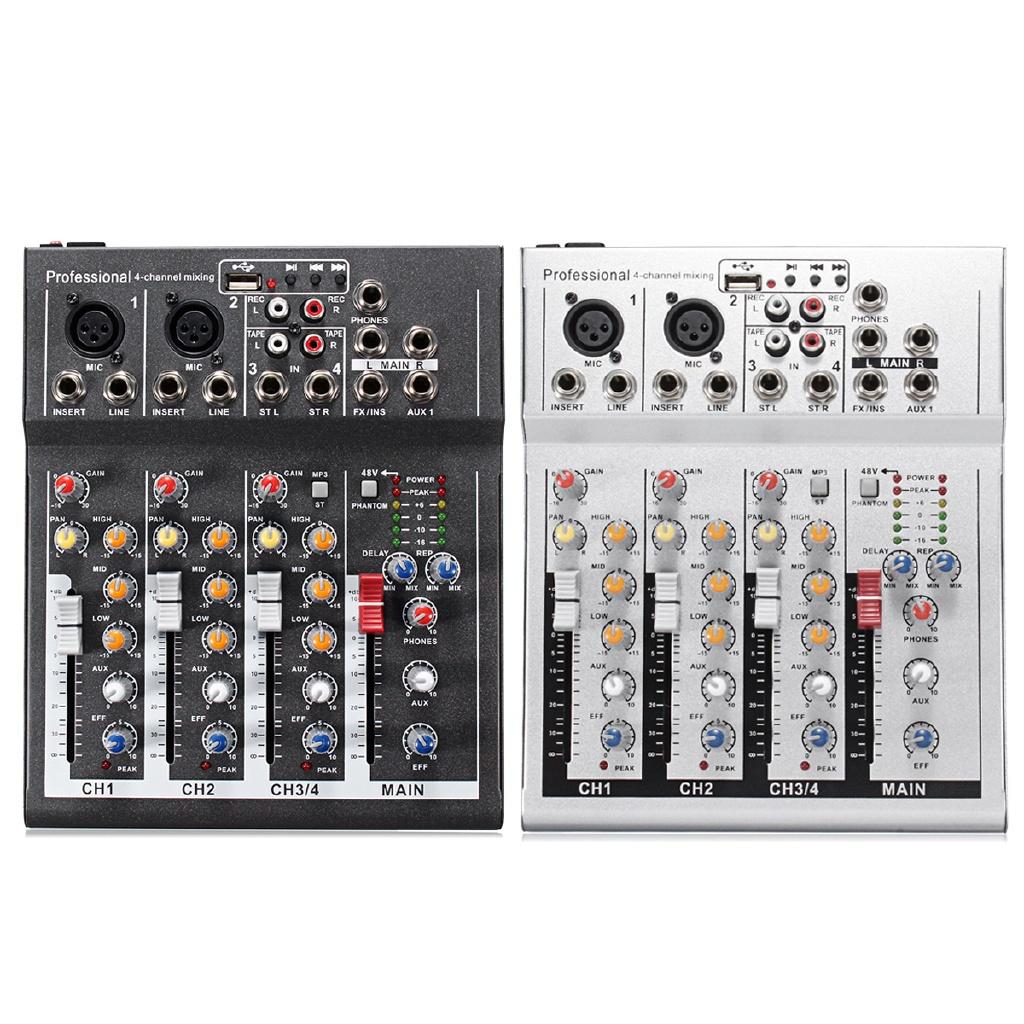 4 Channel Mixer Mini Professional Live Studio Audio Mixer USB Mixing Console DJ Stage KTV black/silver 48V 23.6*19.3cm