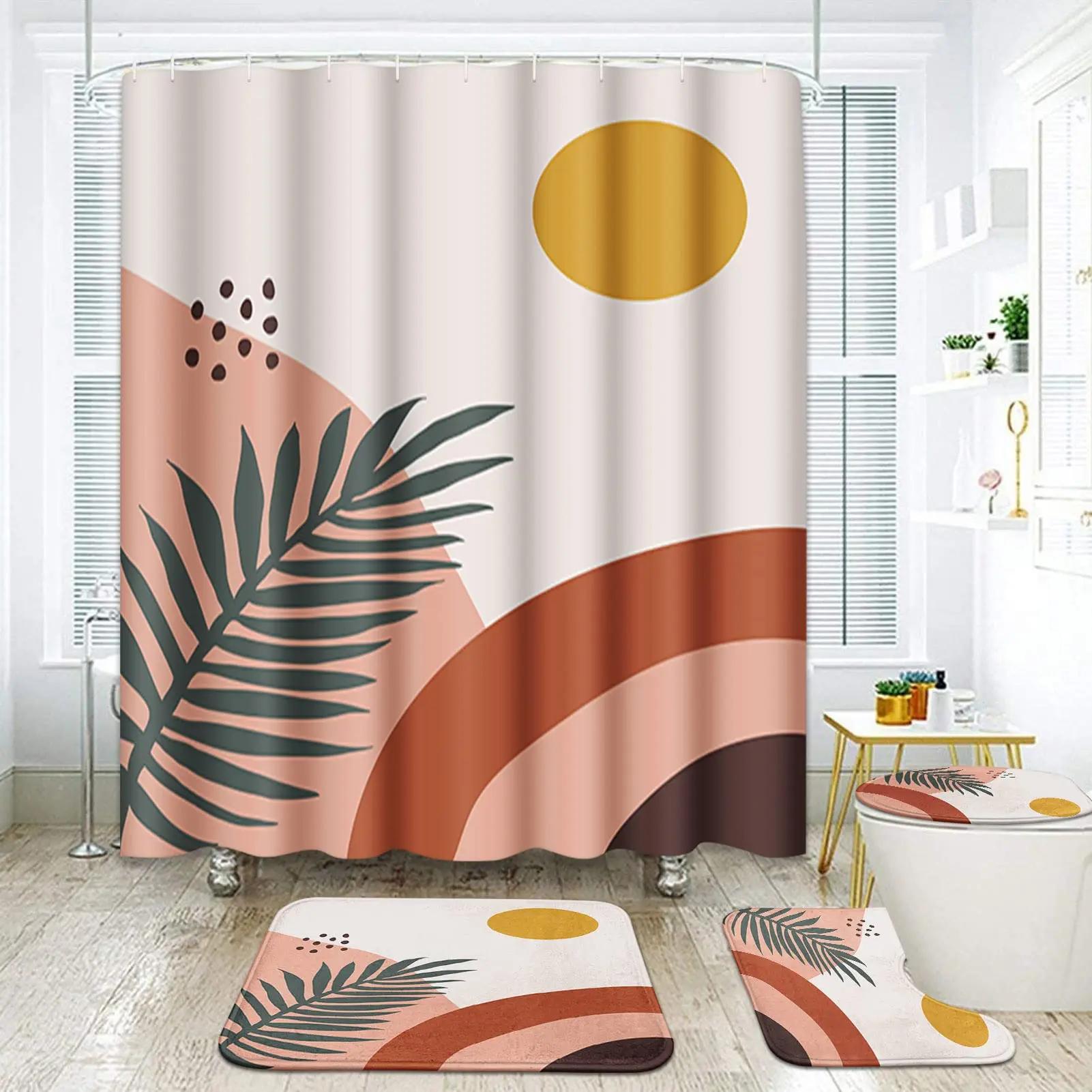 

Mid Century Shower Curtain Set Boho with Mat Rug,Abstract Waterproof Bathroom ,Retro Orange W90xH180cm