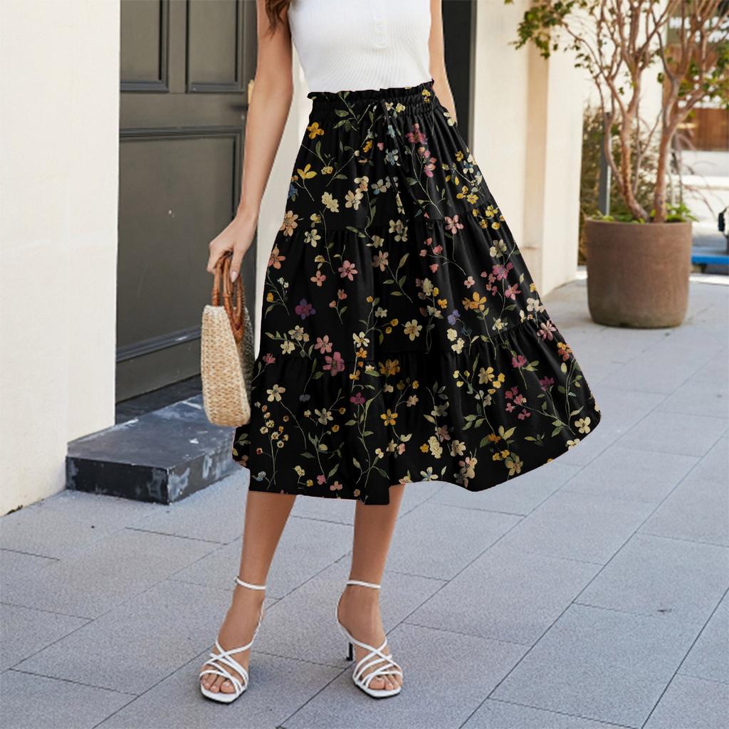 Women's Casual And Fashionable Floral Print Elastic Waist Loose Skirt Waist Loose Skirt