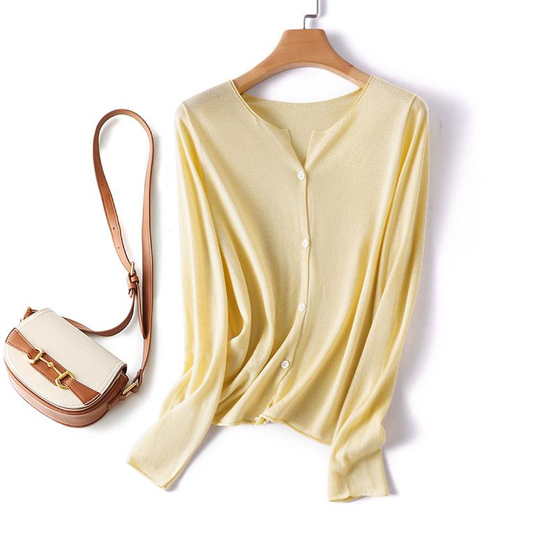 

Кардиган женский вязаный из шерсти тенсел с круглым вырезом, летний тонкий солнцезащитный, удобный, модный топ L жёлтый