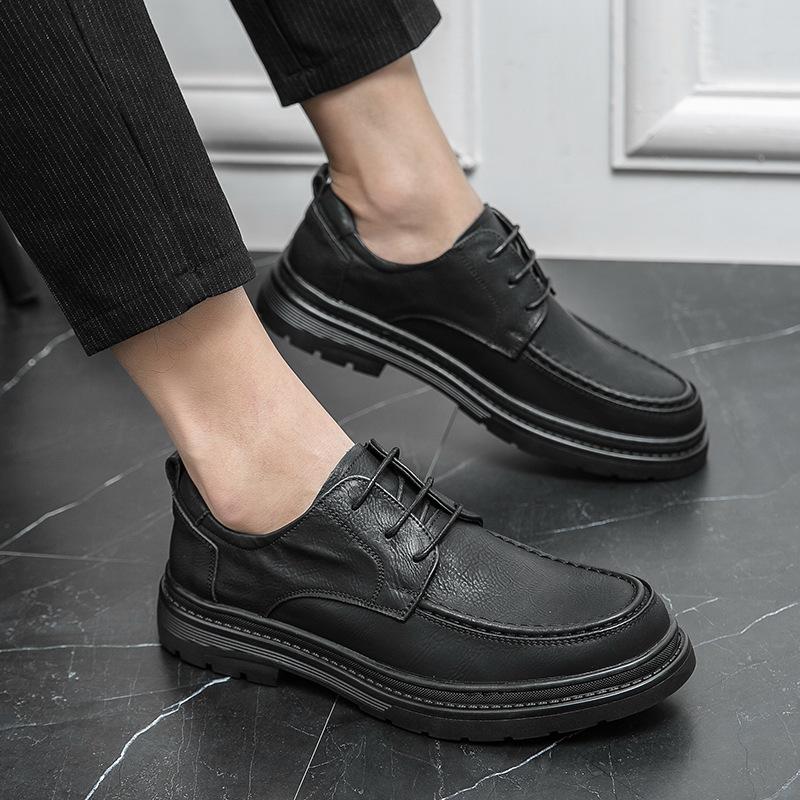 

Leather shoes men s leather business dress spring retro lace-up British style casual wedding leather shoes 38 чёрный