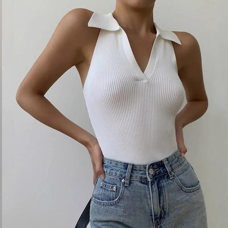 Women's Sleeveless Polo Neck Ribbed Knit Crop Top Slim Fit Casual Solid Color Tank Top