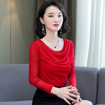 Mode Damen Frühling Herbst Dünne Netzbluse Stehkragen Slim Fit Langarm Basisschicht T-Shirt