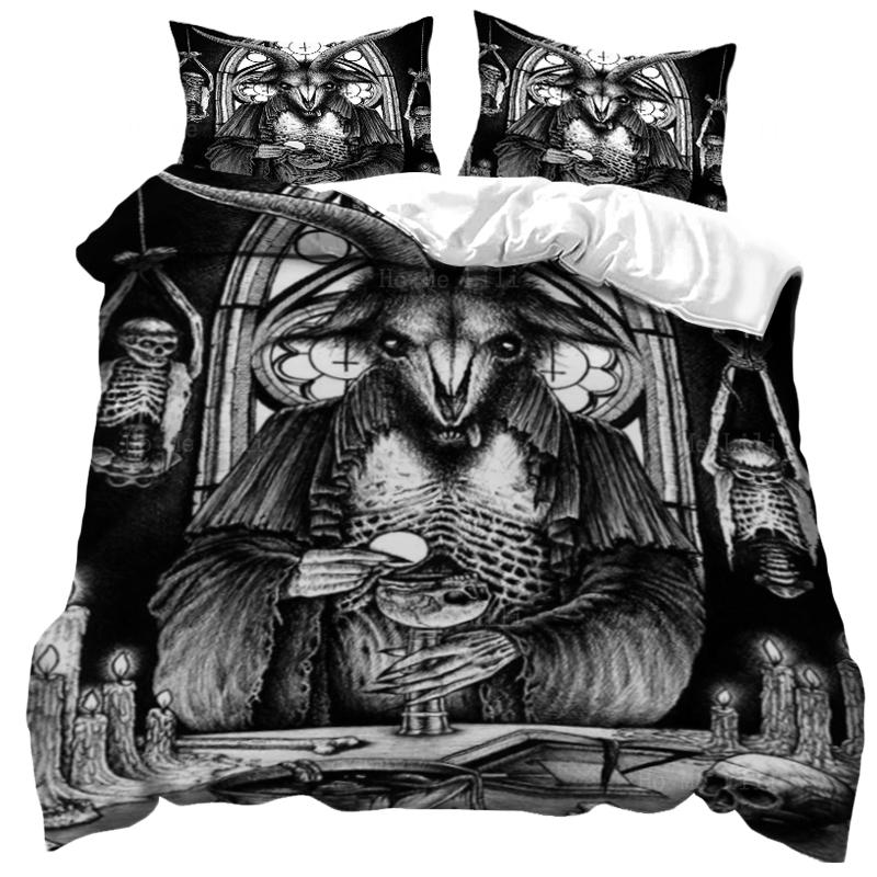Dark Satanic Duvet Cover Set Satan Goat Inverted Pentagram Skull Bedding Set Full King Size Bed Set Bedroom Comforter Cover Set