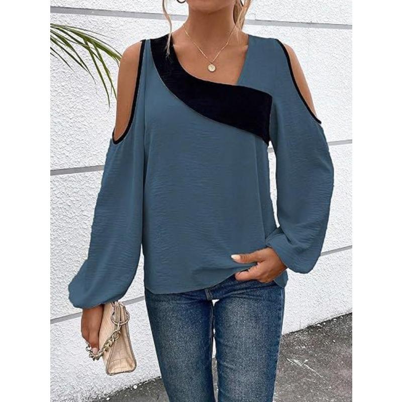YYFS Moda damska Casual Wiosna Jesień Jednolity kolor Drukuj Bluzki i koszule z długim rękawem i dekoltem w kształcie litery V