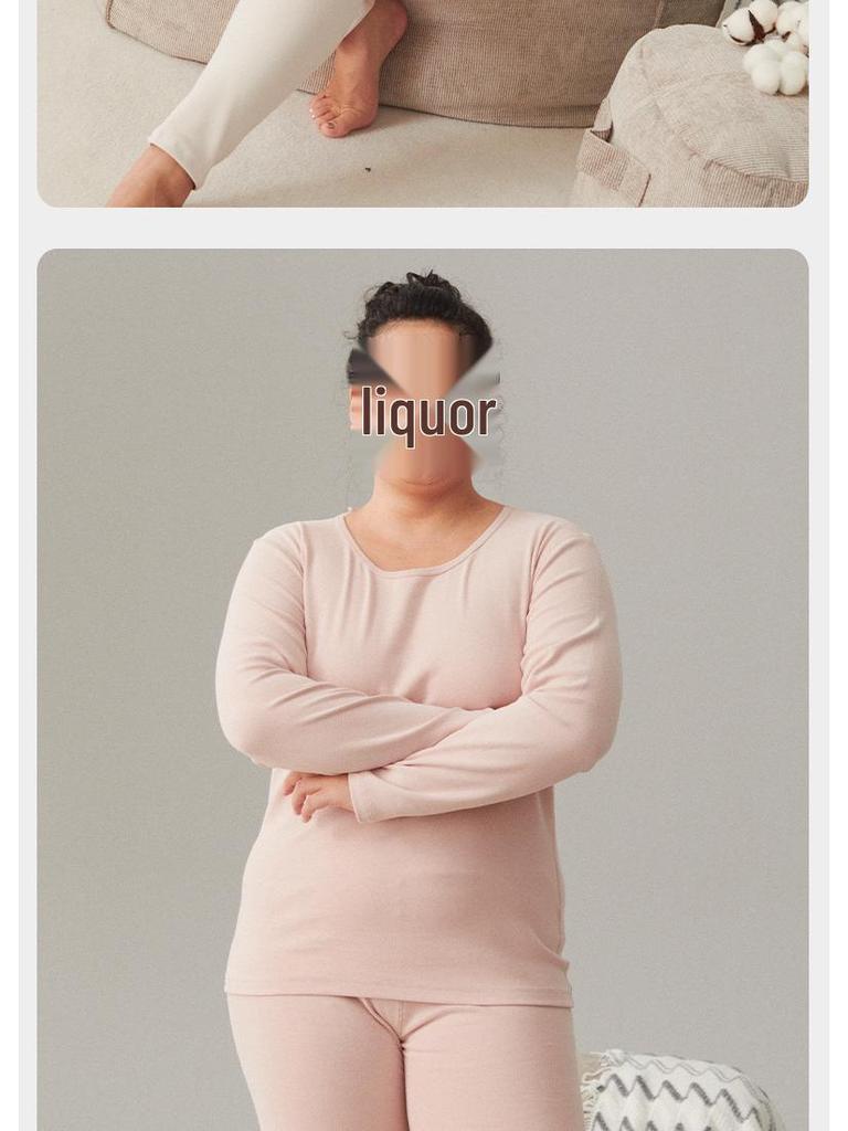 Women's Plus Size Double-Sided Flannel Underwear Set - Pure Cotton, Thick Round Neck Base Layer for Autumn and Winter