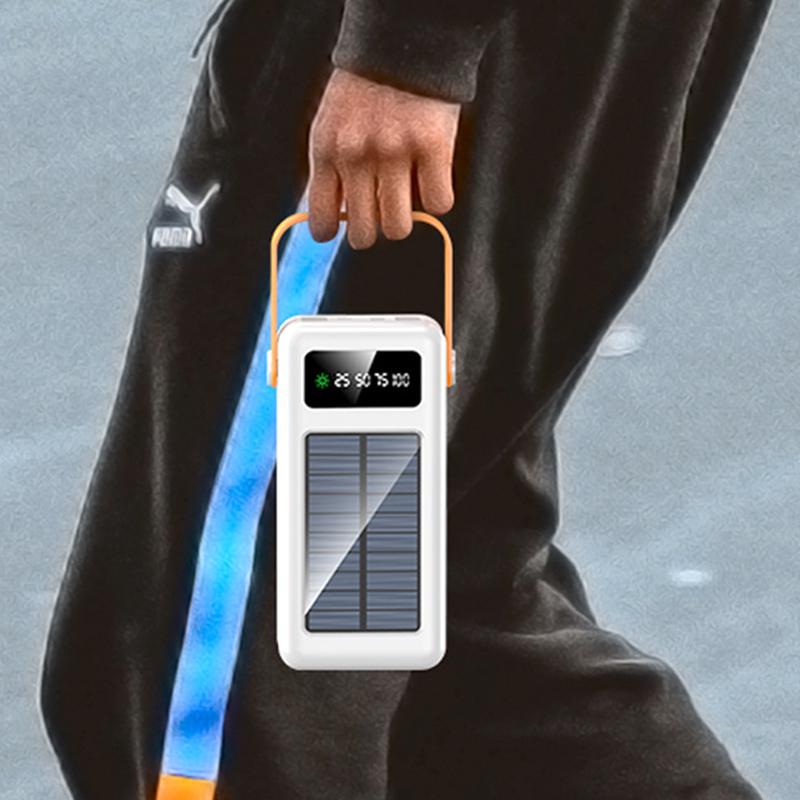 QGeeM Solar Power Bank 40000mAh Outdoor Large Capacity Mobile Power Supply with Its Own Line Portable Charging Bank LED Camping Lamp