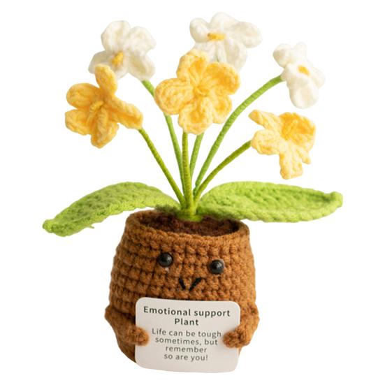 Heklet potteplante med positivt kort Emosjonell støtte Håndlaget strikket potteplante Dukke Stressreduserende leketøy Skrivebordsdekorasjon Ornament