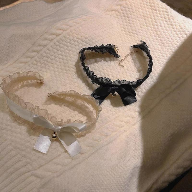 Lace Bowkot Choker Necklace with Bells Vintage Choker Short Chain Necklace