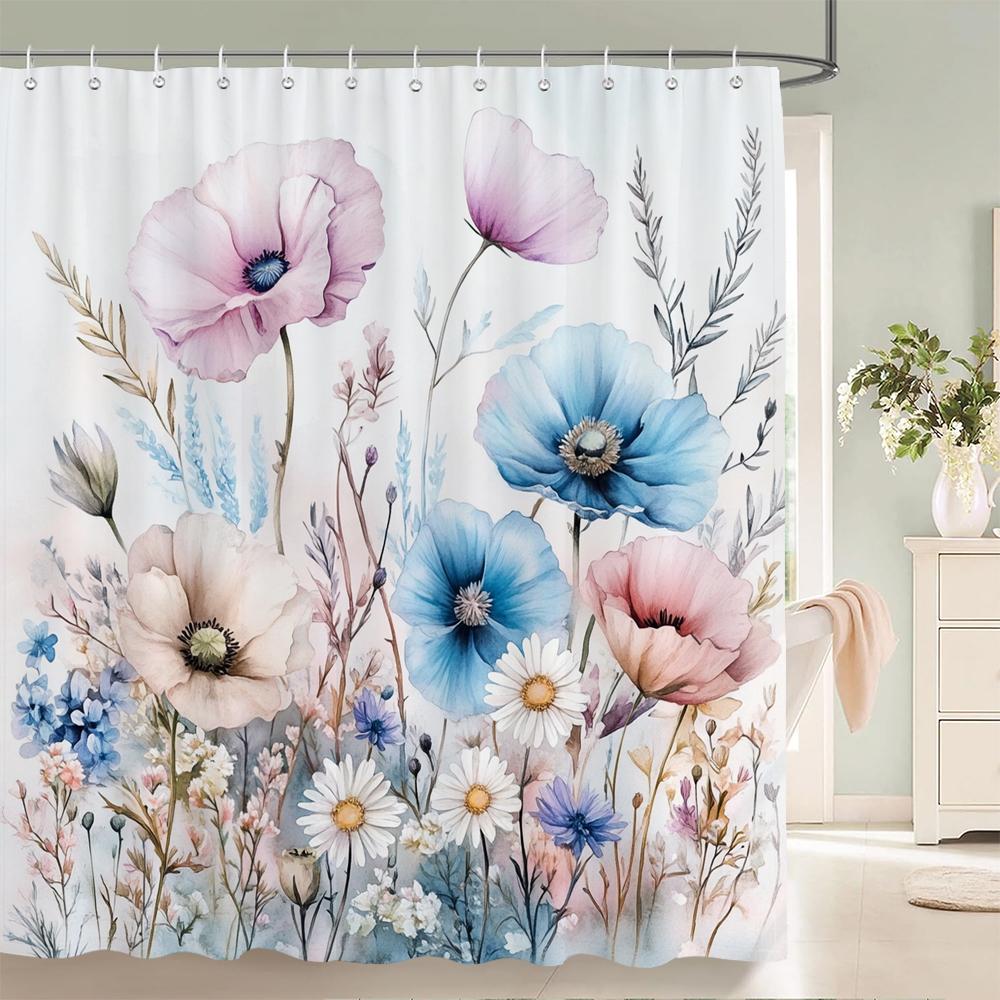Watercolor Flowers Shower Curtain, Floral Plant Bathroom Decorative Shower Curtain, Waterproof Shower Curtain with Hooks