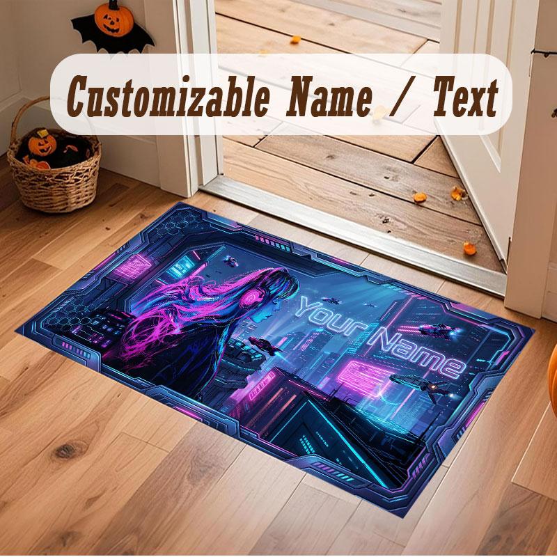 City Cyberpunk Theme Crystal Velvet Floor Rug Personalized Custom Name Text Warm Carpet Home Decoration