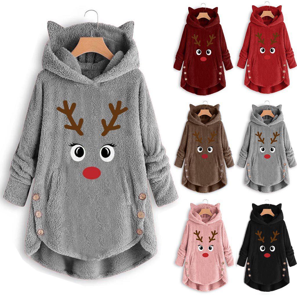 Cozy Fluffy Women's Christmas Sweatshirt With Adorable Elk Pattern And Cat Ear Design