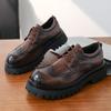 Men's Large Size Round Toe Brogue Shoes Comfortable Thick Bottom Rubber Sole Leather Upper Low Heel Black Derby Business Formal