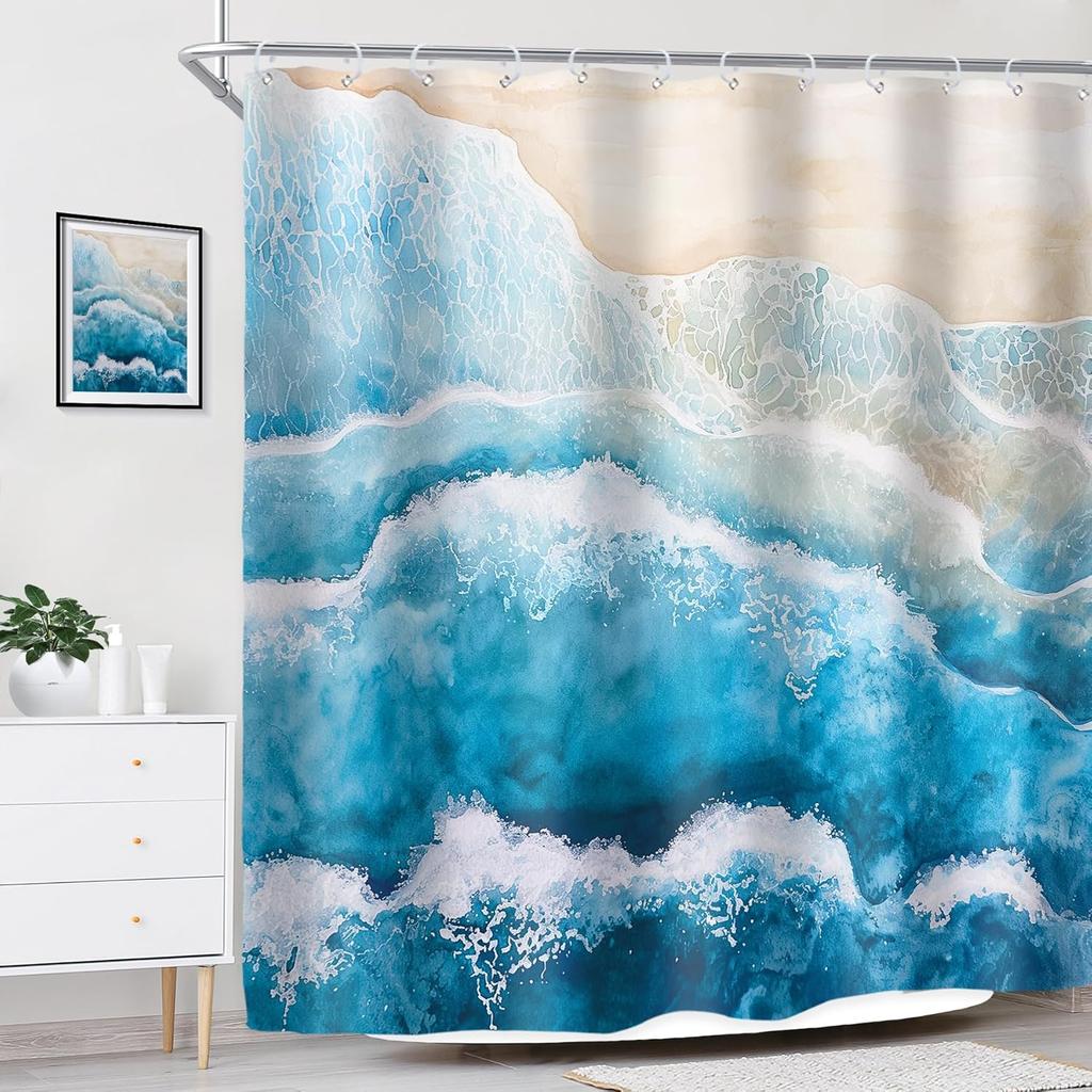 Beach Ocean Wave Shower Curtain, Blue Coastal Nautical Design, Minimalist Waterproof Polyester Art Print
