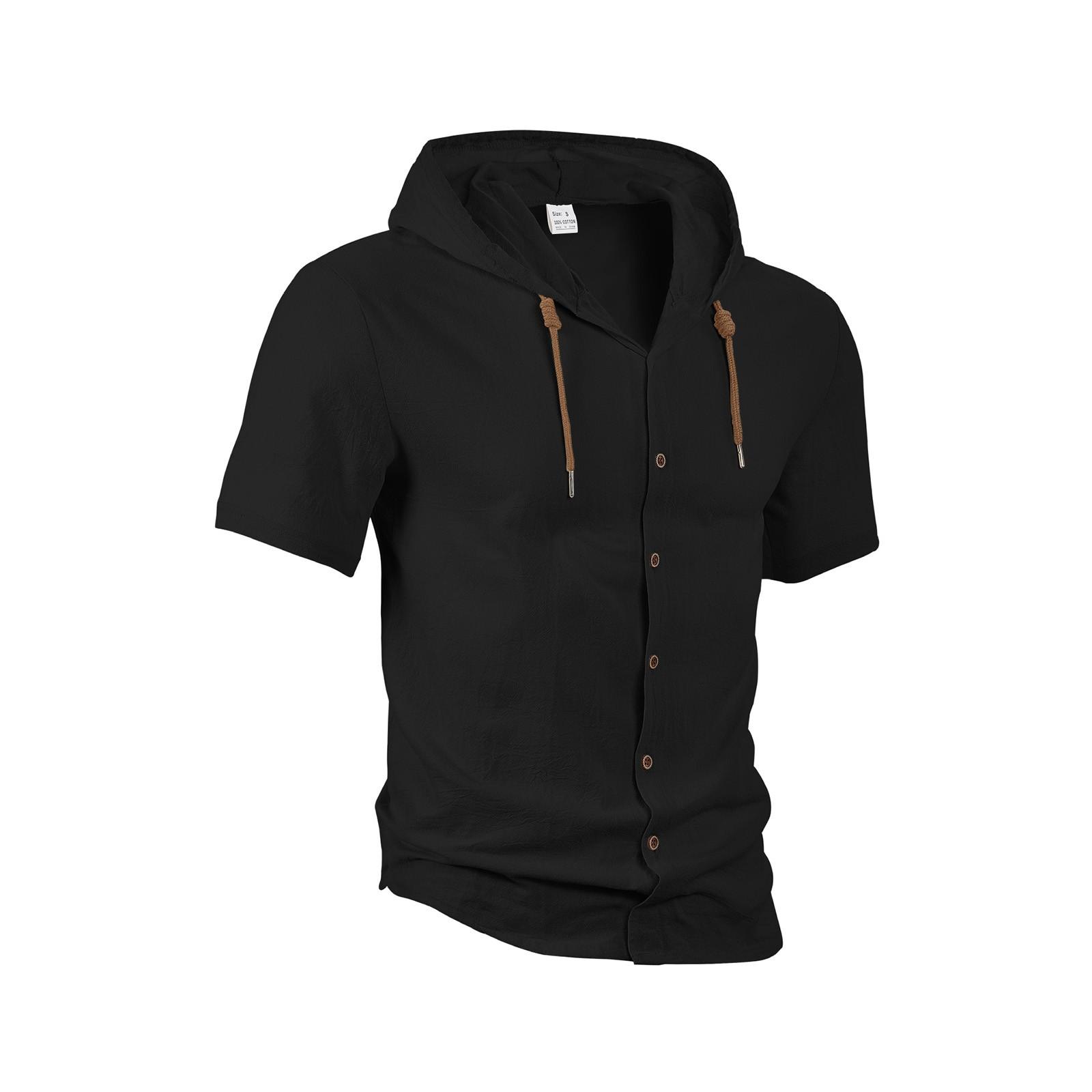 

Men s Solid Color Cotton And Linen Short-sleeved Shirt Cardigan Loose Hooded Top XXL чорний
