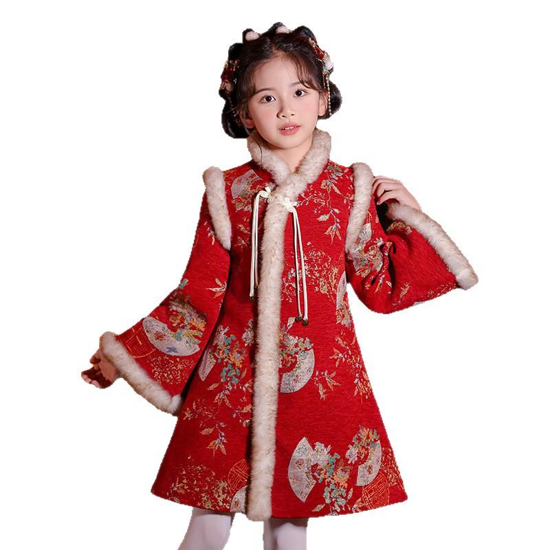 Dívčí zimní Hanfu 2025: Šaty v tangovém stylu s fleecovou podšívkou, stylové čchi-pao pro oslavy Nového roku