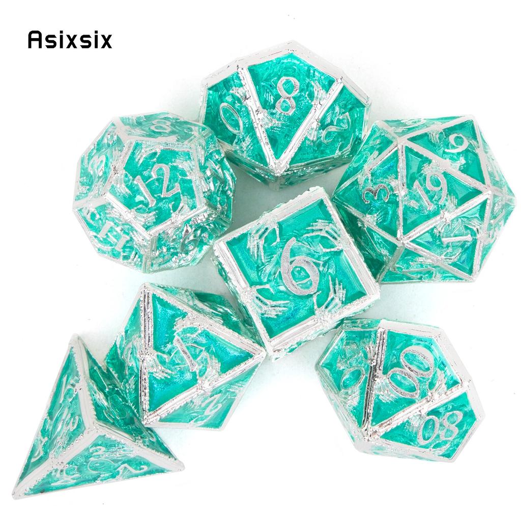 7 Pcs Silver Green Hand Metal Dice Solid Metal Polyhedral Dice Set Suitable for Role-Playing RPG  Board Game Card Game