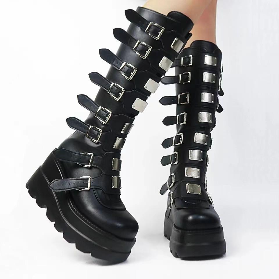 Women's 2024 Autumn/Winter Punk Belt-Buckle Thick-Soled Knight Boots.