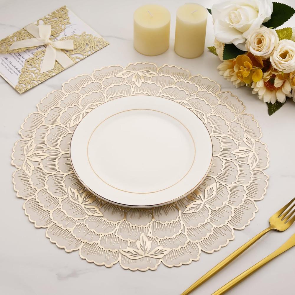 Creative Kitchen Round Placemats Gold PVC Place Mats Flower Leaf Washable Dining Table Mats Party Table Decorative