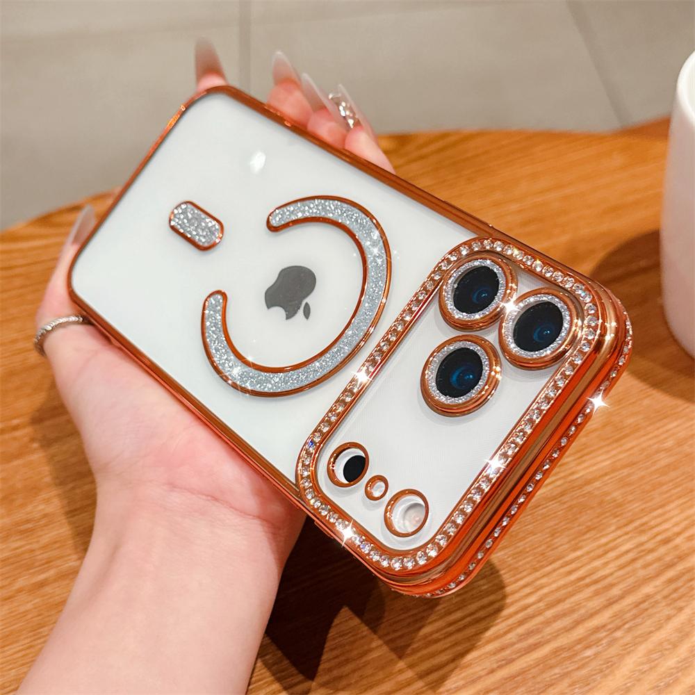 Bling Crystal Lens Film Transparent Case For iPhone 17 16 15 14 13 12 11 Pro Max Plus 17Air 16e Magnetic Wireless Charging Cover