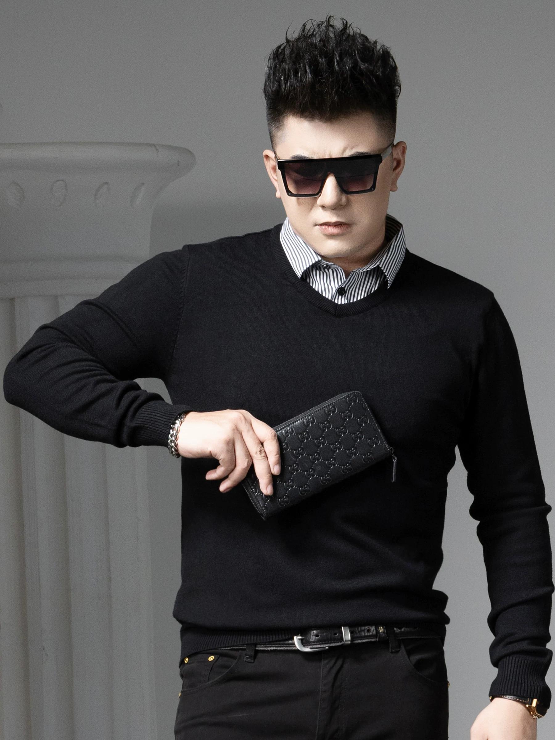 

European-Style V-Neck Faux Two-Piece Sweater for Men, 2025 Autumn and Winter New Long-Sleeve Knitwear, Solid Color Casual Base Shirt XL чёрный