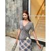 Peach Squeak Korean Pure Desire V-Neck Versatile T-Shirt Design Sense Waist Skinny Temperament Versatile Top Simple Short Sleeve Women