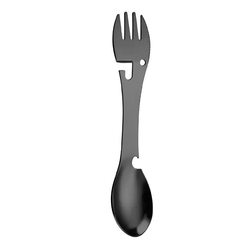 

5-in-1 Integrated Fork & Spoon Stainless Steel Multifunctional EDC Bottle/Can Opener Camping Hiking Outdoor Convenient Supplies чорний