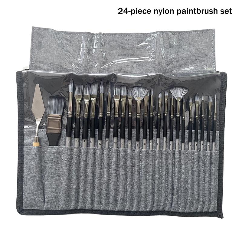 

24pcs/Pack High-Quality Nylon Brush Set Silver Gray Rod Pen Curtain Oil Brush Gouache, Artistic Painting Brush,Cloth Bag Storage