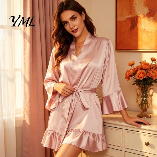 Comfortable Home Wear Women Silk Nightgown with Ruffle Hem, Sexy Long Sleeves V Loose Night Dress Neck Satin Nightshirt, Short Nightdress Sleepwear