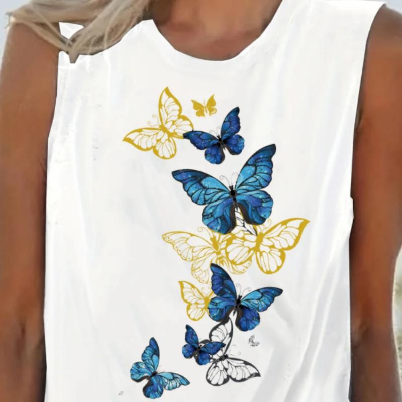 Summer Women Sleeveless Crew Neck Vest Black Contrast Red Blue Fish Motivational Text Print Soft Casual Tank Shirt