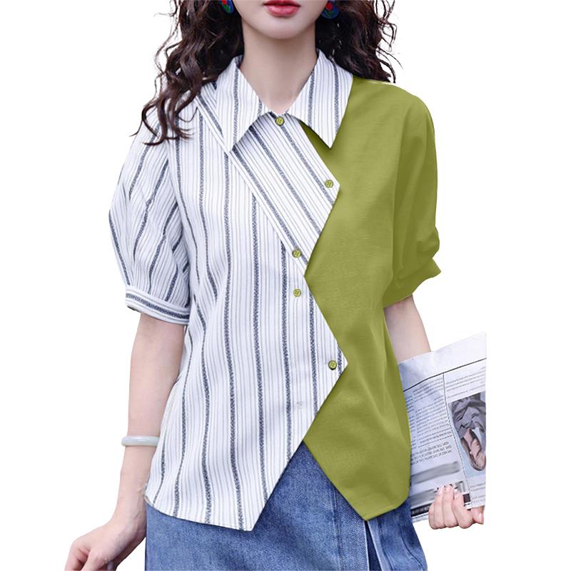 

ZANZEA Женская повседневная блузка с отложным воротником, летняя, с коротким рукавом, в полоску 4XL зелёный