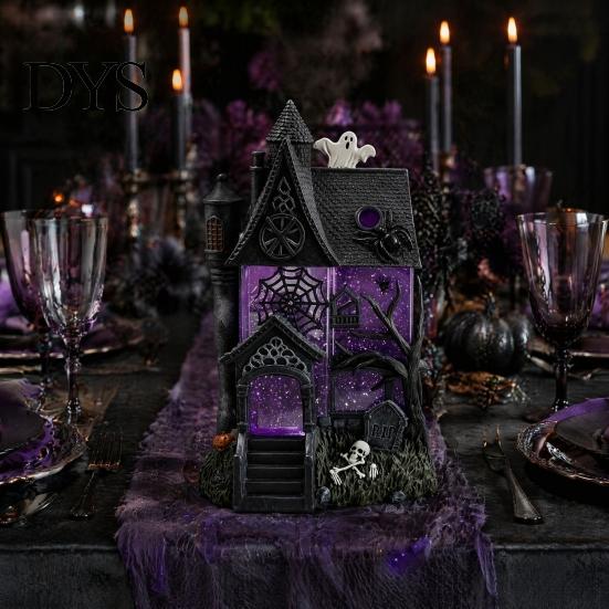 Unique Holiday Souvenir Gift Gothic Resin Glitter Village Decoration, Halloween Haunted House Figurine with Purple Collectible Tabletop Decor Windows,