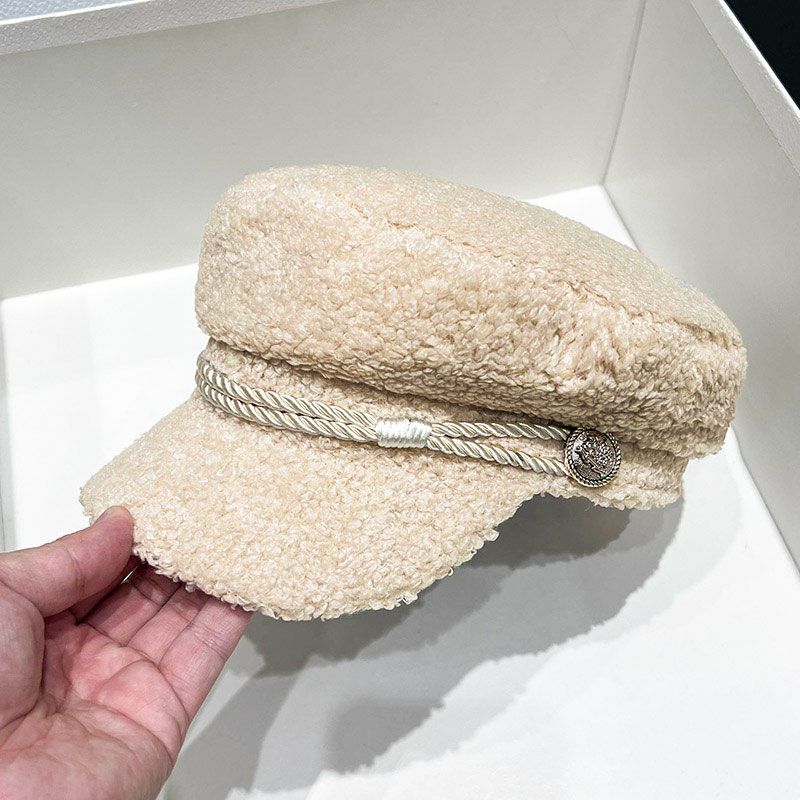 Autumn and Winter Lamb Wool Thickened Warm Flat Top Cap Painter Hat Women's Octagonal Hat