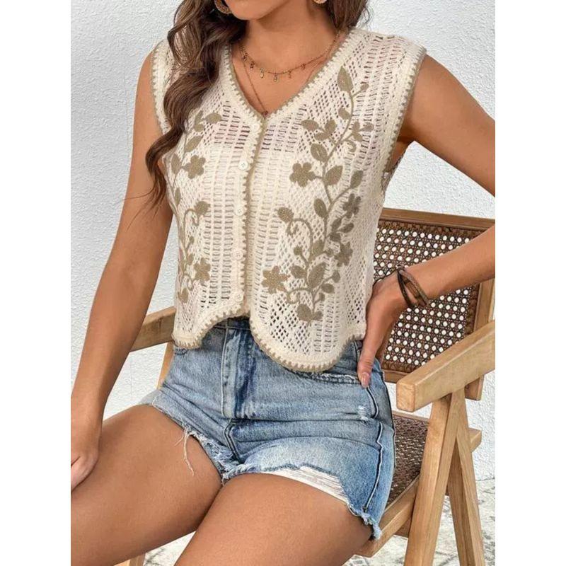 Europe and America Cross Border Spring and Summer V Neck Plant Pattern Knitting Crocheted Cut Out Single-Breasted Short Vest Vest Tops Women