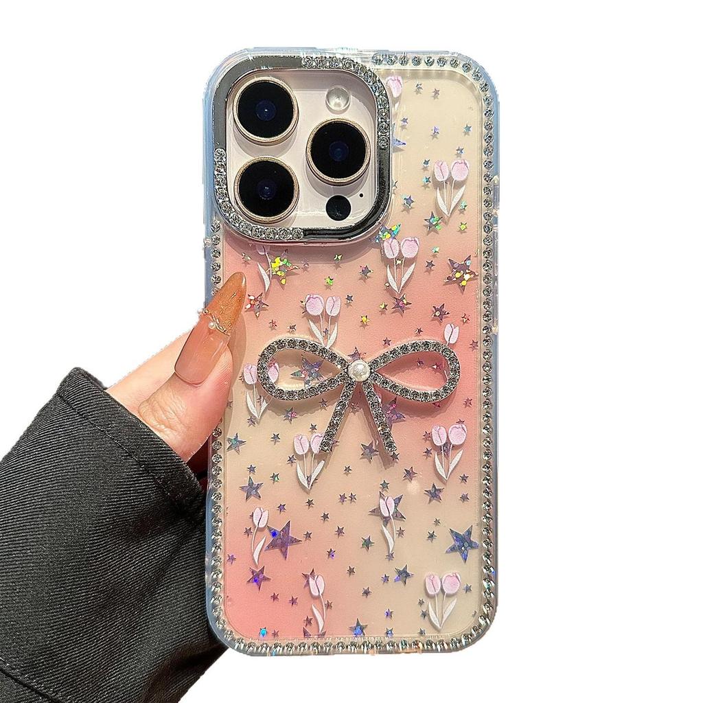 Full-Frame Rhinestone Heart Bow Phone Case for Apple 17 Pro Max - Light Luxury with 16 Stars, High-End Design for 14/13/12.