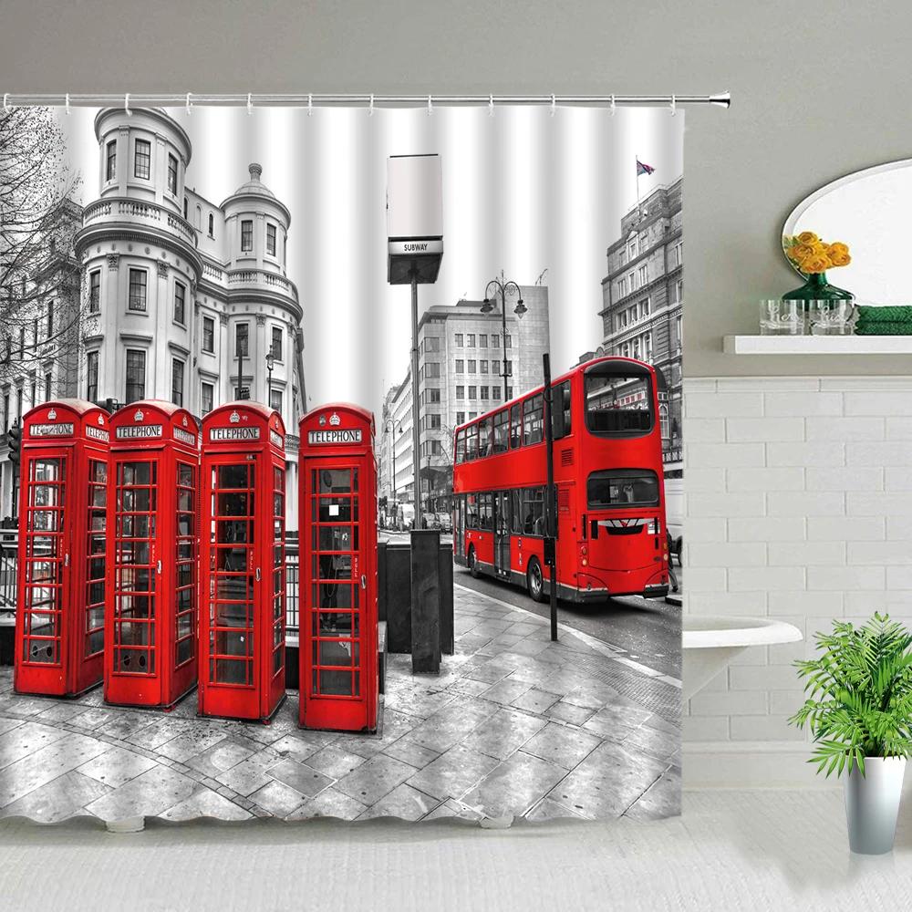 Paris Street Scenery Black And White Design Red Tram Bathroom Shower Curtain Waterproof Bathtub Home Decor Background Curtains