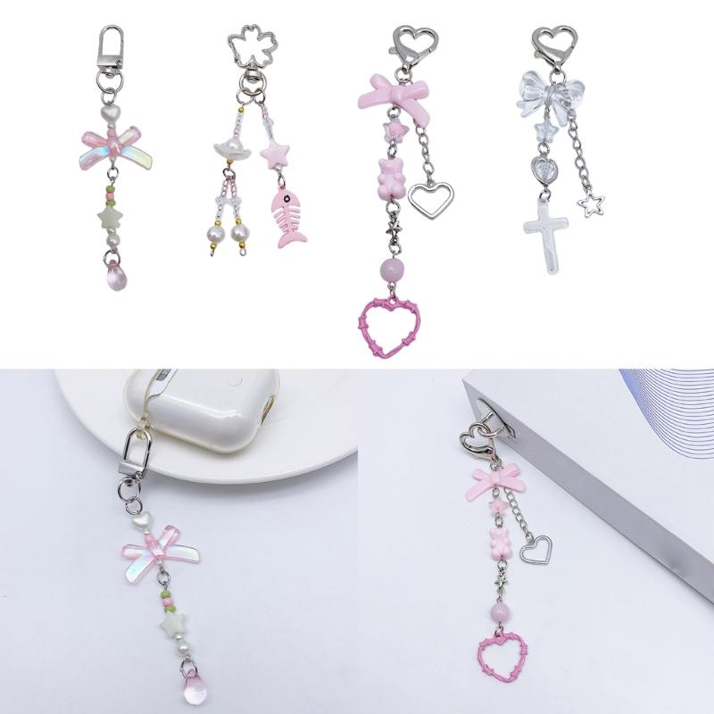 Butterfly Beaded Phone Lanyard Bowknot Pendant Wrist Strap Detachable Phone Chains Keyring Portable Accessory for Women