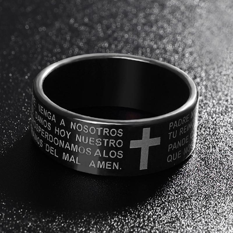 Trendy Men's Ring Stainless Steel Black Color Jesus Cross Ring Letter Bible Verse Prayer Finger Rings For Men Amulet Jewelry