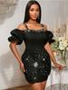 Sexy Black Off Shoulder Mini Dress with Puff Sleeves Rhinestone Decorated Straps 3D Flower Embroidered Flares Hip Bodycon for Party