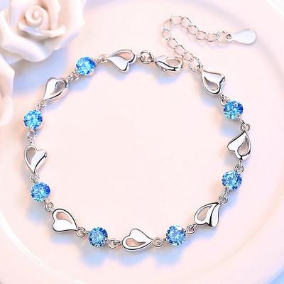 925 Sterling Silver Blue AAA Zircon Heart Bracelet Fashion Jewelry