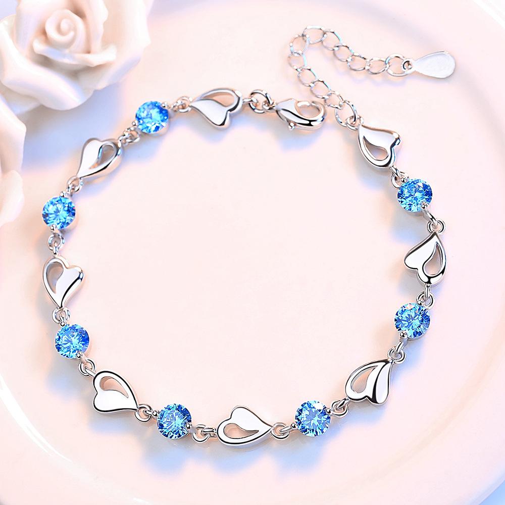 925 Sterling Silver Blue AAA Zirconia Heart Bracelet Fashion Jewelry 20CM