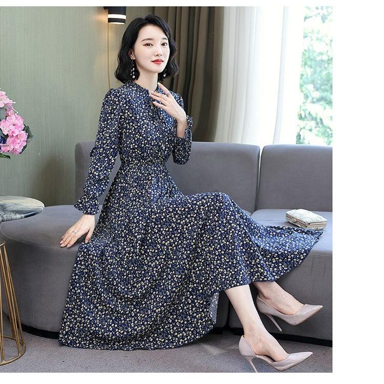 Módne a elegantné šifónové šaty s dlhým rukávom s kvetinovou potlačou a dizajnom tvarujúcim pás pre ženy plus size na jeseň