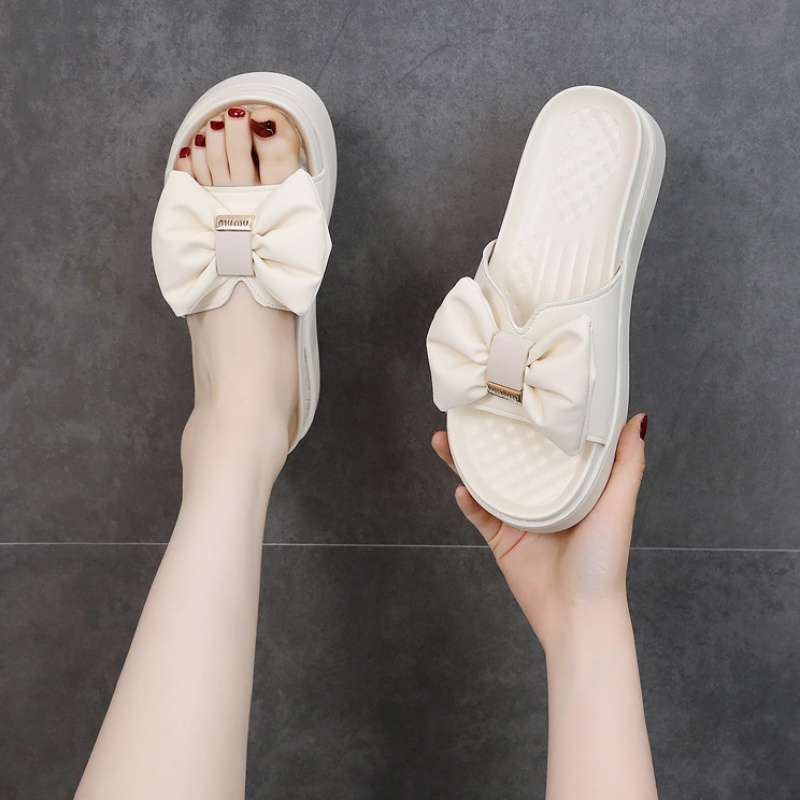Thick-soled Slippers for Women's Summer Outer Wear 2025 New Bow Heightening Skirt Versatile Non-slip, Light and Comfortable One-word Drag