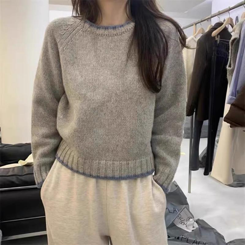 Crew neck color matching pullover sweater women's autumn and winter new loose and thin long-sleeved knitted sweater outer top