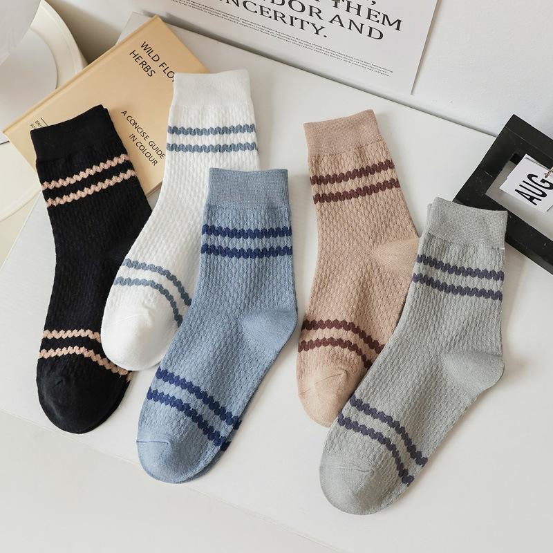 5/10 Paar Herren Doppelstrick Jacquard Streifen Mittelwaden Socken Herbst Gekämmte Baumwollsocken Bequem